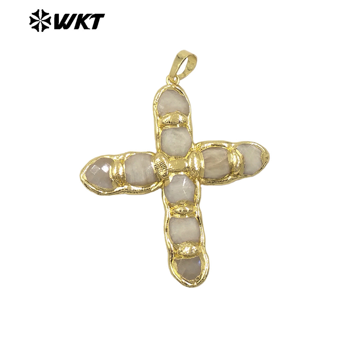 WT-P2005 Wholesale Beautiful Gemstone Religious Pendant Natural Rose Quartz With 18K Gold Plated Cross Shape for Necklace Making