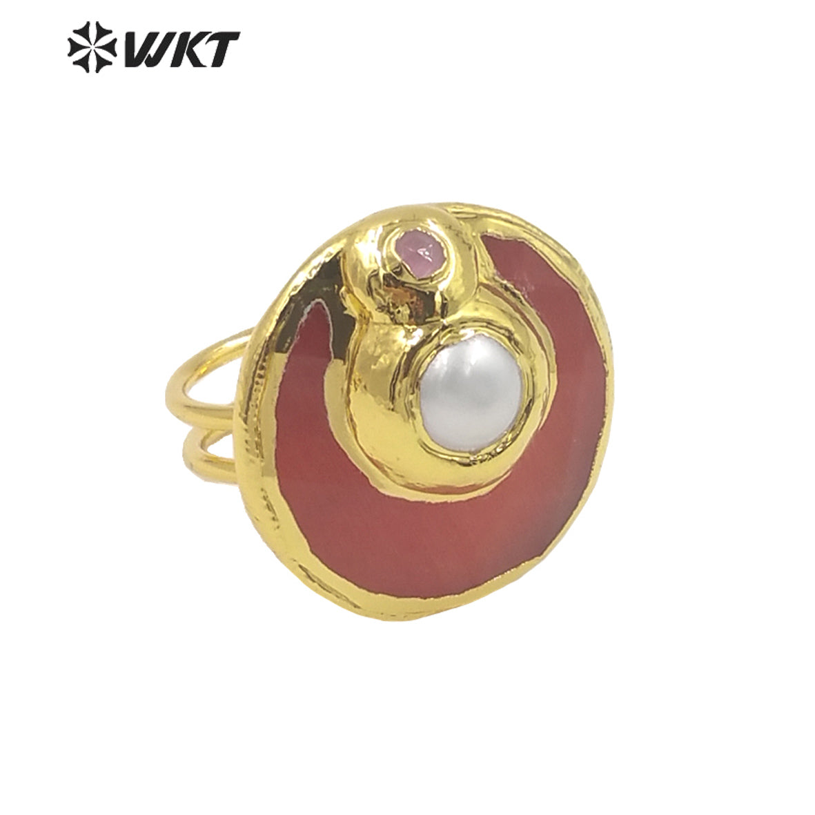 WT-R401 Natural Gemstone Lovely Fashion Cat Eye Ring with Pearl Crystal Colorful Round Ring 18k Gold-plated Women Gemstone Ring