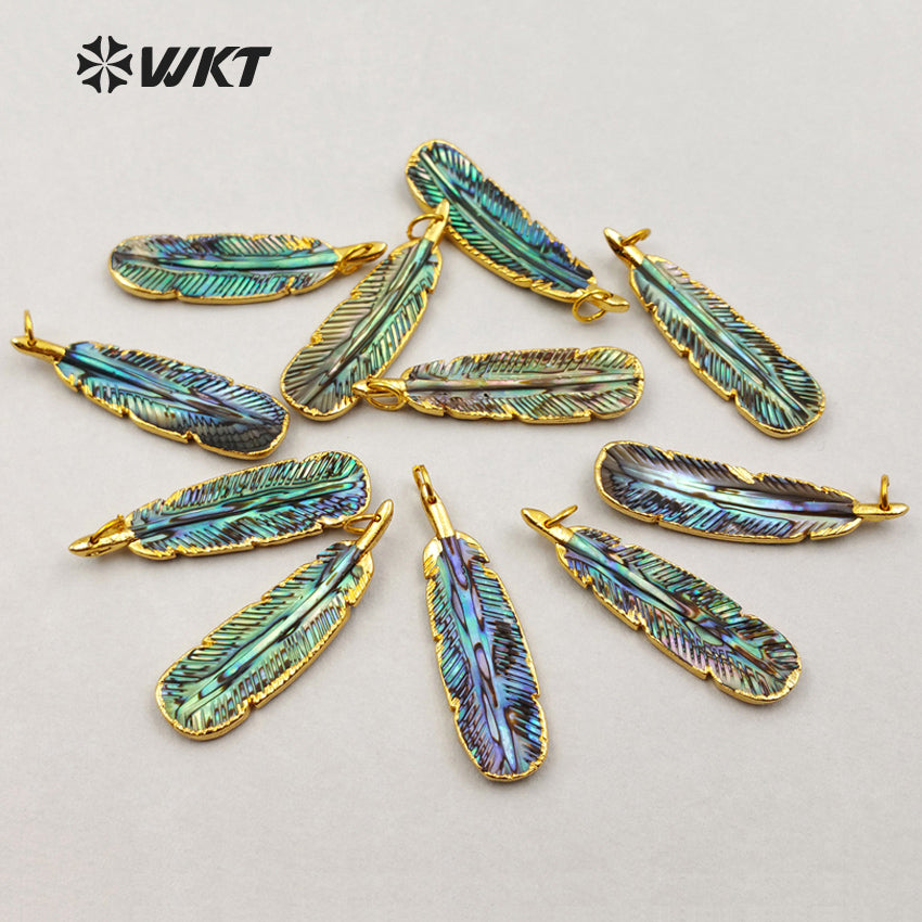 WT-P1200 Amazing Small Size Hand Carved Abalone Feather Pendants, Hotsales Gold Trim Shell Feather Pendants 10*35mm