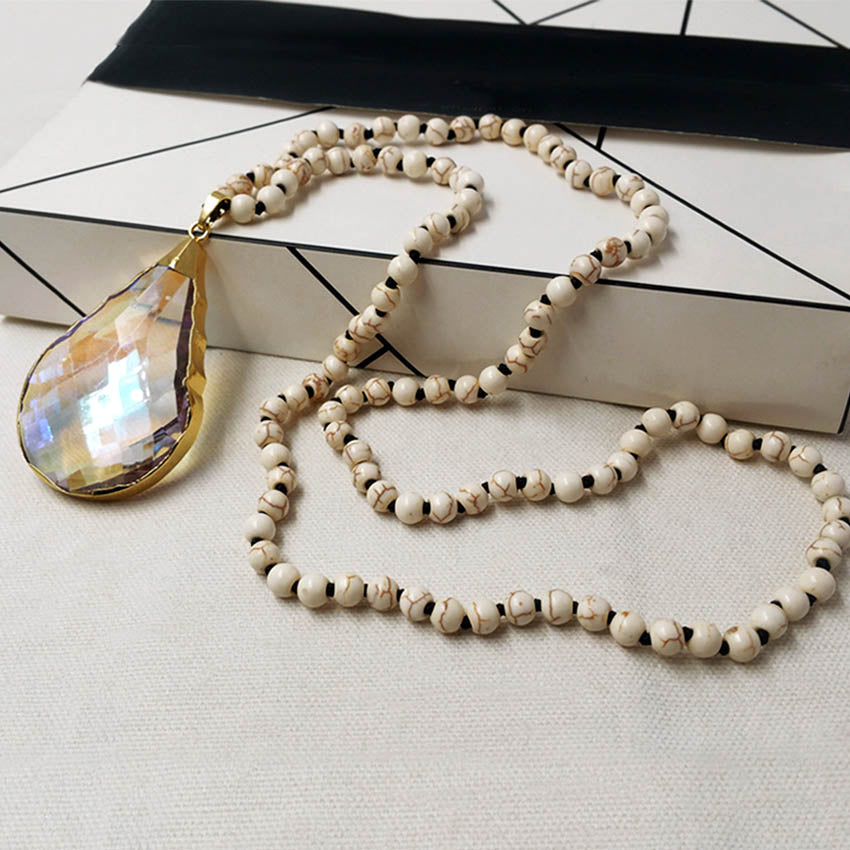 WT-N1096 WKT Wholesale New Fashion 6mm White Turquoise Beads 30 Inch Long Angel Faceted Teardrop Crystal Charm Necklace