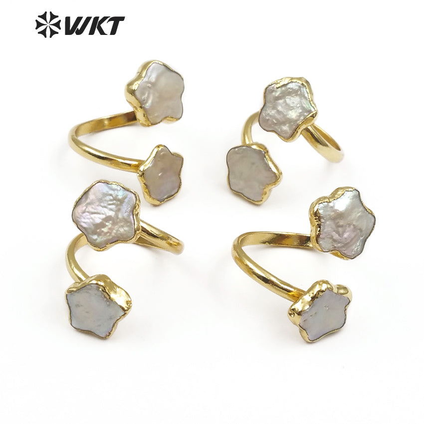 WT-R327 Stylish Small and Cute Natural Shell Rings With Pearls Dotted Flower Shape Ladies Double Layer Adjustable Pearl Rings