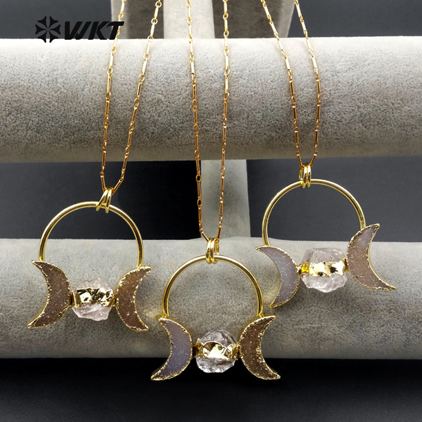 WT-N1075 WKT Wholesale Fashion Crescent Horn Drusy Ball Clear Crystal 24k Real Gold Plated Stick Chain Crystal Druzy Necklace