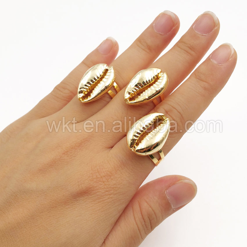 WT-R134 New! Full Gold Plated Cowrie Rings in 24k Gold, Natural Real Shell Cowrie Rings