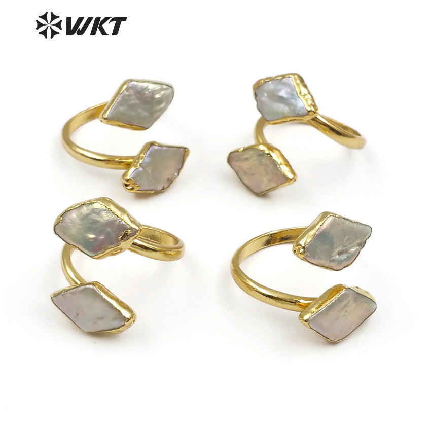 WT-R326 Classic Ring With Natural Shell Ring Embellished Geometric Elements Rhombus Ladies Double Layer Adjustable Pearl Ring