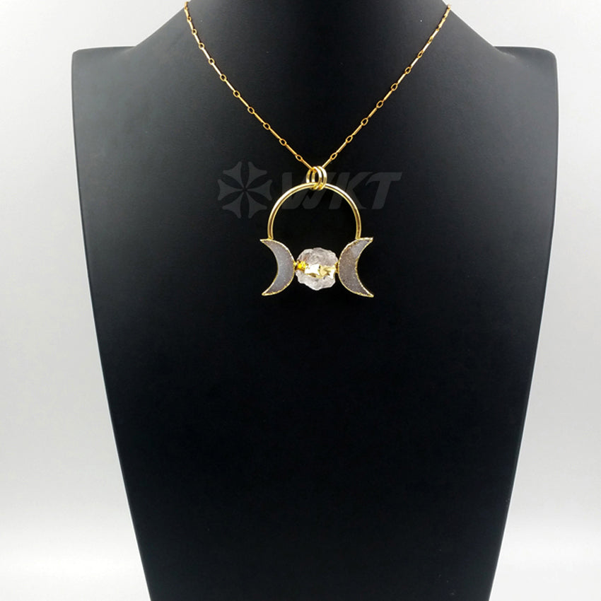 WT-N1075 WKT Wholesale Fashion Crescent Horn Drusy Ball Clear Crystal 24k Real Gold Plated Stick Chain Crystal Druzy Necklace
