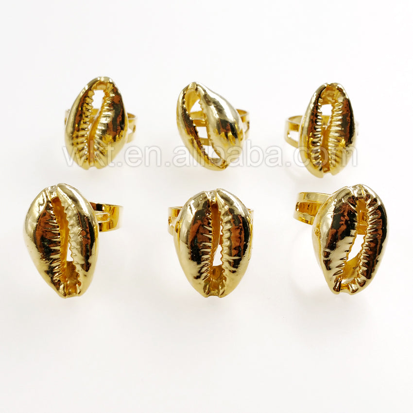 WT-R134 New! Full Gold Plated Cowrie Rings in 24k Gold, Natural Real Shell Cowrie Rings