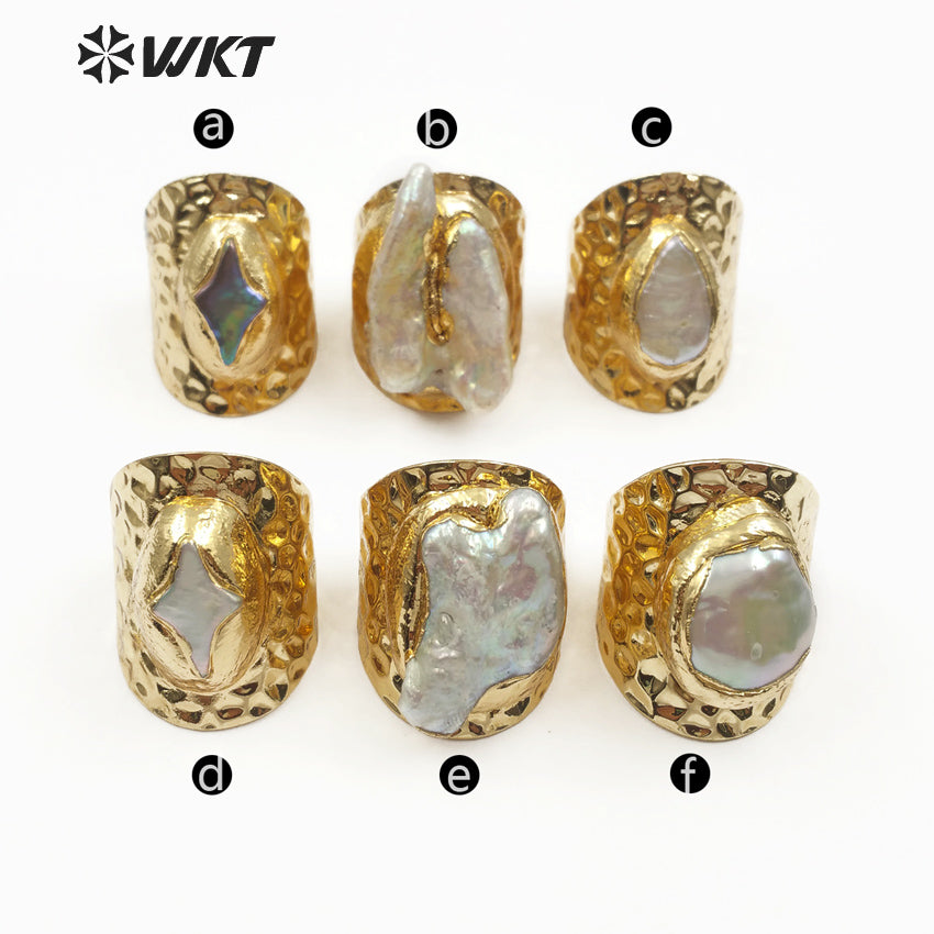 WT-R328 Classic Unique Each One Is Different Shell Jewelry in Gold Plated Adjustable Women's Fine Natural Freshwater Pearl Rings