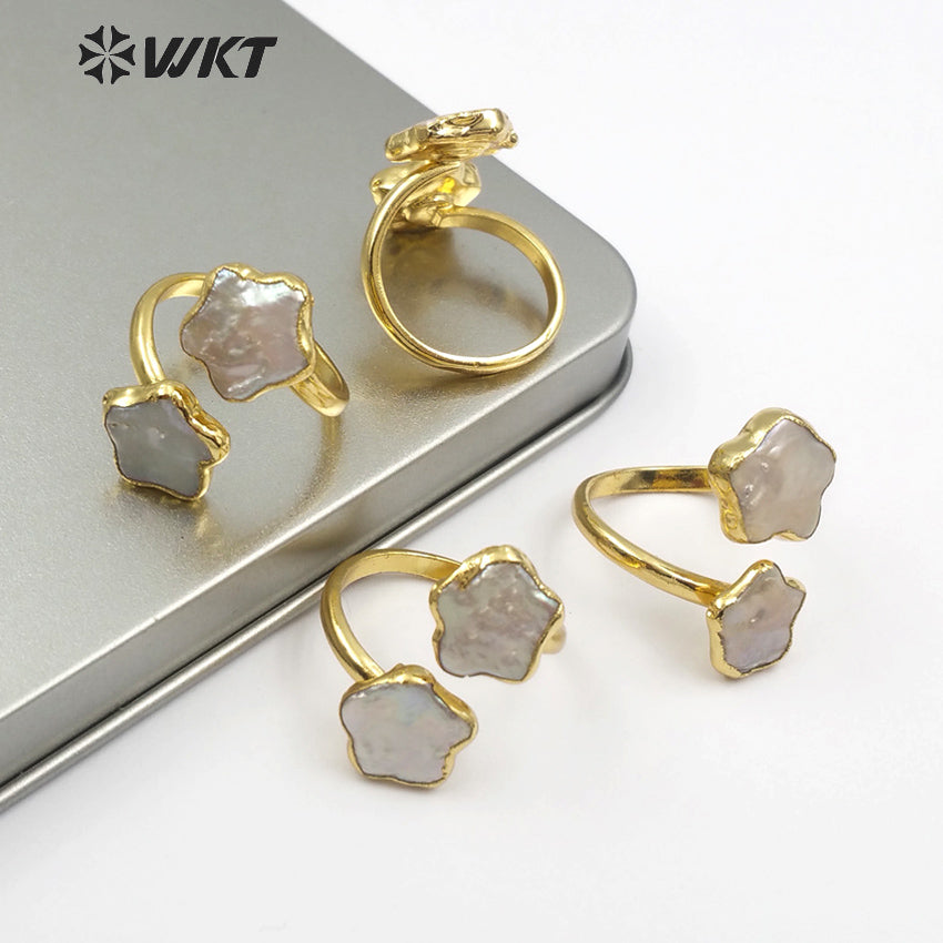 WT-R327 Stylish Small and Cute Natural Shell Rings With Pearls Dotted Flower Shape Ladies Double Layer Adjustable Pearl Rings