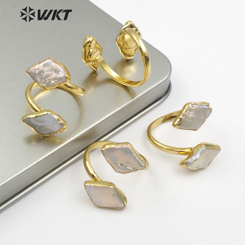 WT-R326 Classic Ring With Natural Shell Ring Embellished Geometric Elements Rhombus Ladies Double Layer Adjustable Pearl Ring