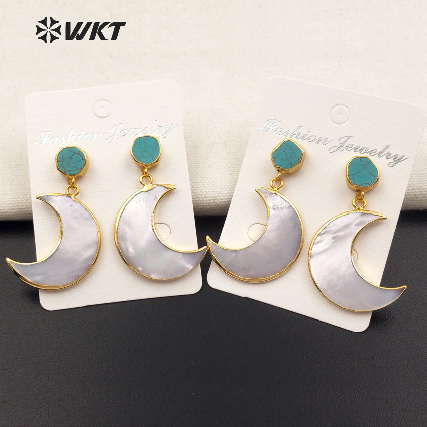 WT-E430 Exquisite Design Open Moon Shape Pearl Shell Mosaic Green Stone Gold Dipped Drop Earring for Women Fashion Earring