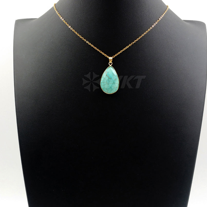 WT-N1085 WKT Wholesale New Fashion Natural Green Stone 24k Real Gold Wrapped on Edge Teardrop Turquoise Pendant Necklace