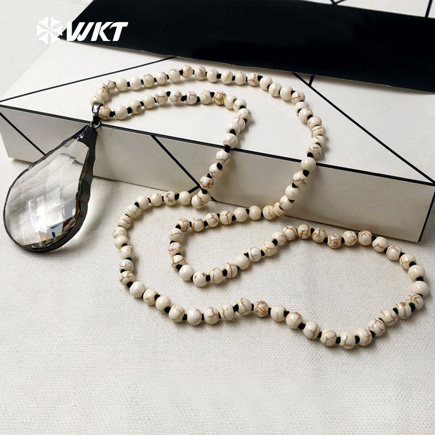 WT-N1096 WKT Wholesale New Fashion 6mm White Turquoise Beads 30 Inch Long Angel Faceted Teardrop Crystal Charm Necklace