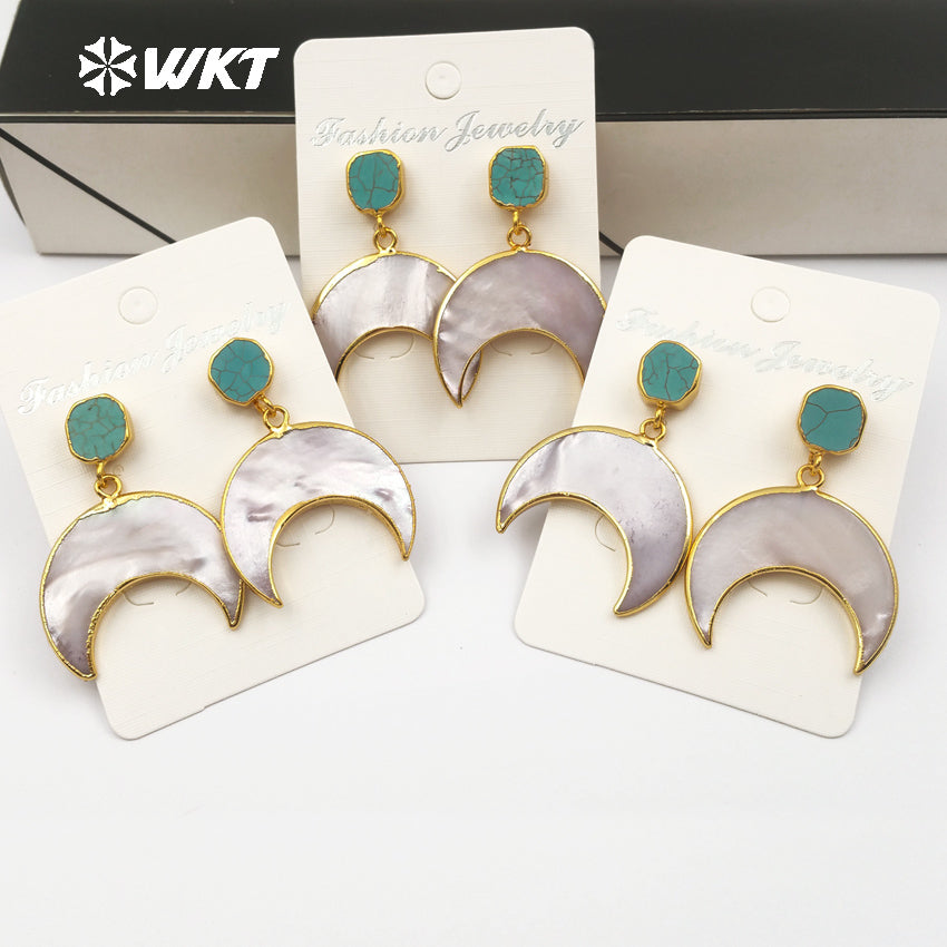 WT-E429 Exquisite Design Crescent Shape Pearl Shell Mosaic Natural Stone Gold Dipped Drop Earring Gift for Women