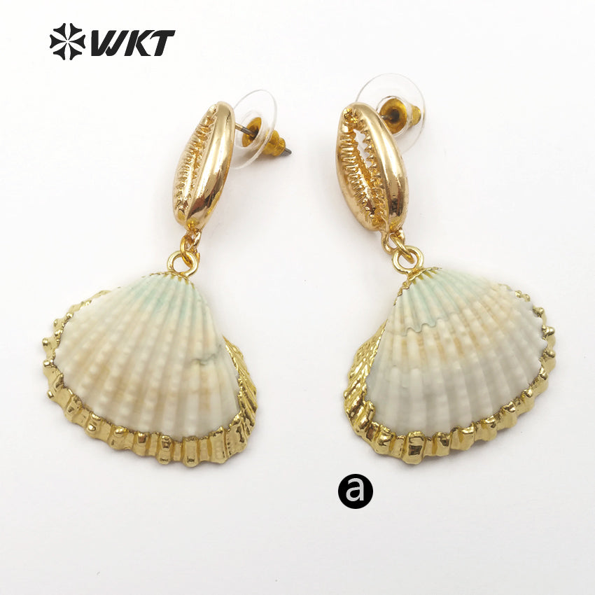 WT-E439 Wholesale New Arrived Shell Earrings for Girl With 18k Gold Plated Natural While Scallop Shell Earrings for Summer