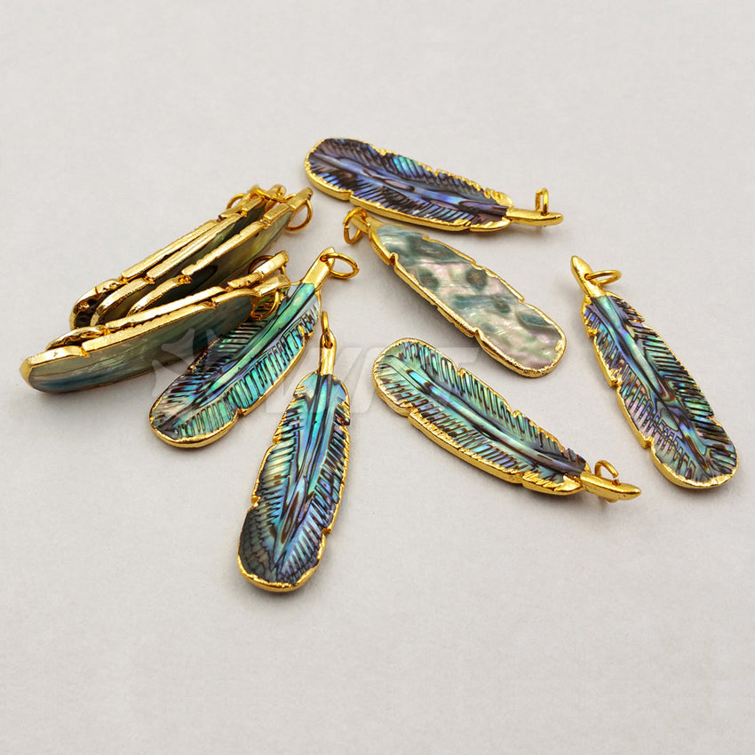 WT-P1200 Amazing Small Size Hand Carved Abalone Feather Pendants, Hotsales Gold Trim Shell Feather Pendants 10*35mm