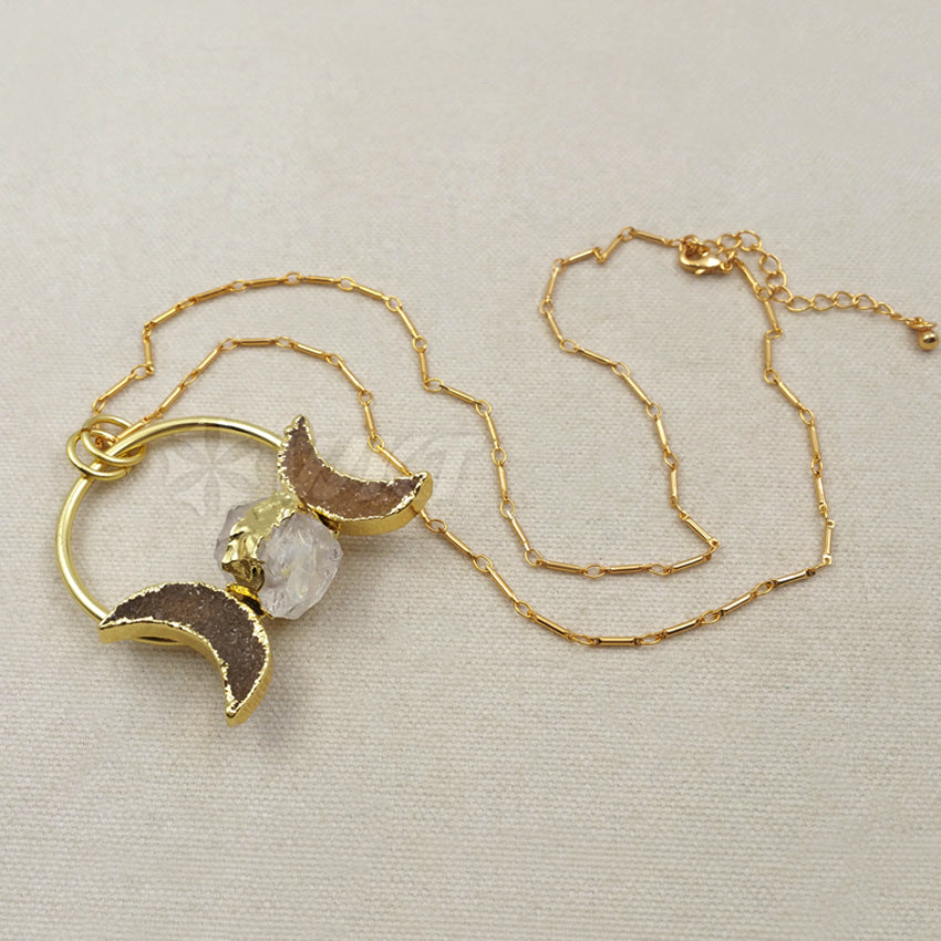 WT-N1075 WKT Wholesale Fashion Crescent Horn Drusy Ball Clear Crystal 24k Real Gold Plated Stick Chain Crystal Druzy Necklace