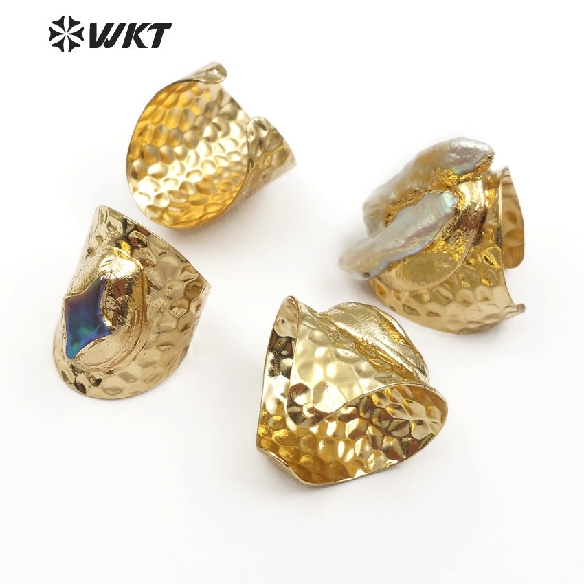 WT-R328 Classic Unique Each One Is Different Shell Jewelry in Gold Plated Adjustable Women's Fine Natural Freshwater Pearl Rings