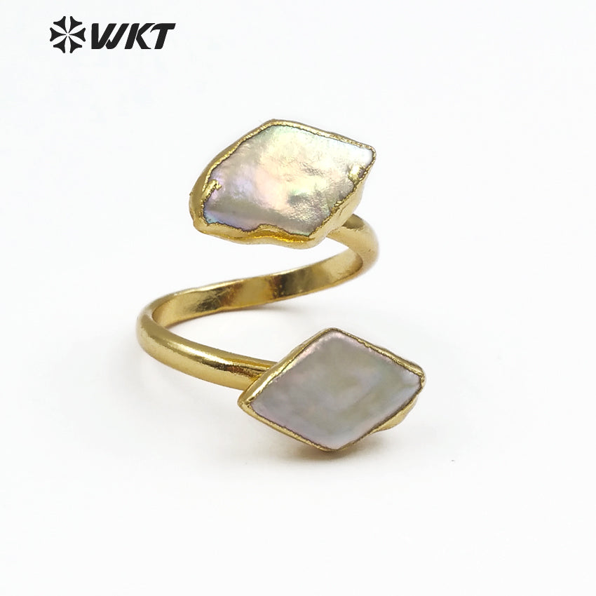 WT-R326 Classic Ring With Natural Shell Ring Embellished Geometric Elements Rhombus Ladies Double Layer Adjustable Pearl Ring