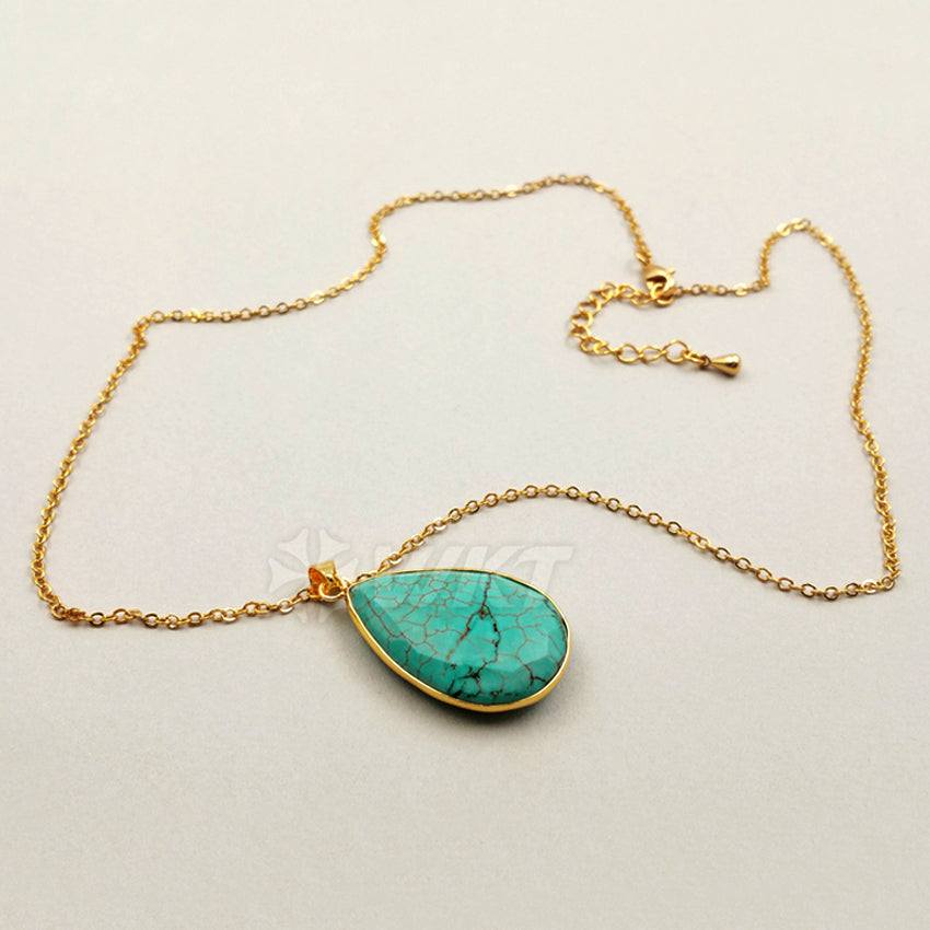 WT-N1085 WKT Wholesale New Fashion Natural Green Stone 24k Real Gold Wrapped on Edge Teardrop Turquoise Pendant Necklace