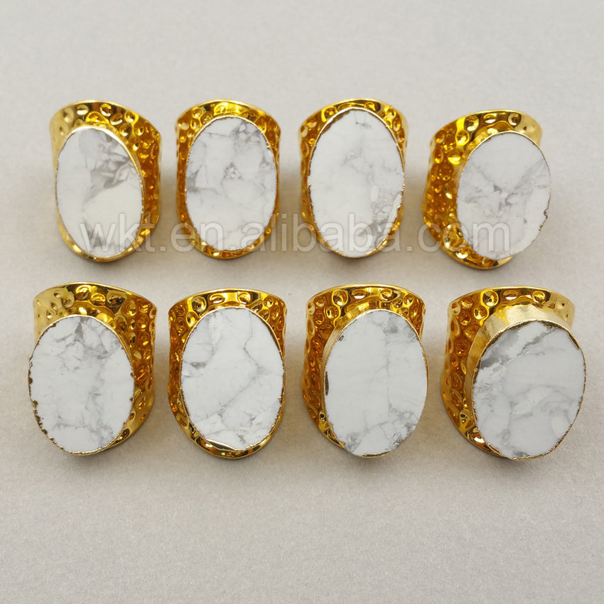 WT-R268 Simple Ring 24K Gold Plated Natural White Turquoise Ring for Women Wholesale Gold Bezel Ring