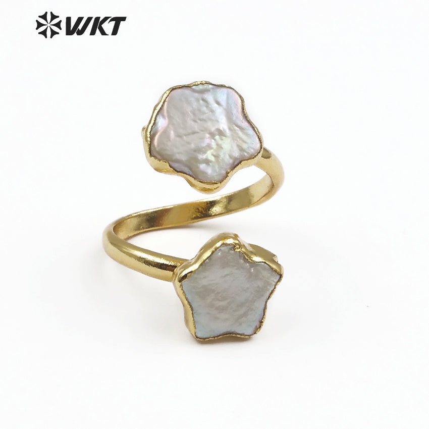 WT-R327 Stylish Small and Cute Natural Shell Rings With Pearls Dotted Flower Shape Ladies Double Layer Adjustable Pearl Rings