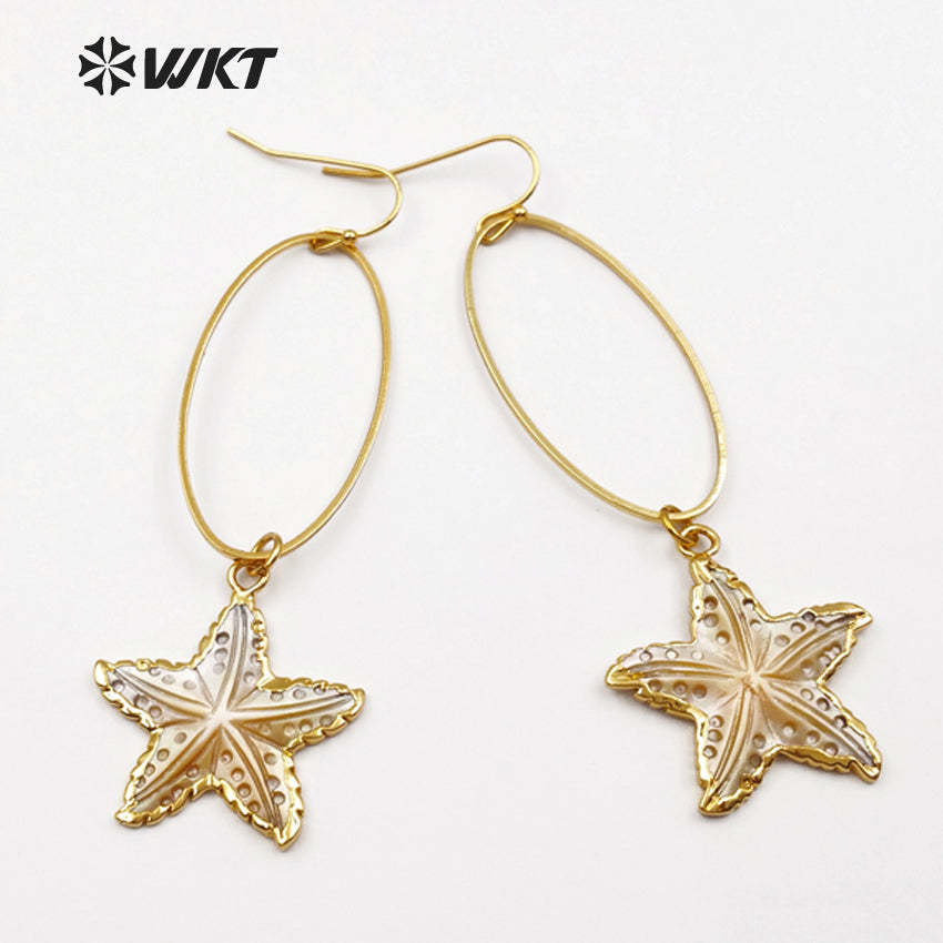 WT-E437 WKT Wholesale Natural Shell Star Earrings Dangle Ring With Sea Star Shape Pendant Elegant Earrings for Women Gift Making