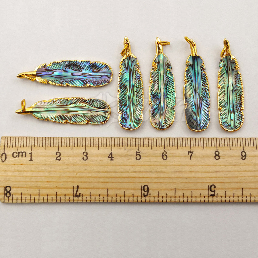 WT-P1200 Amazing Small Size Hand Carved Abalone Feather Pendants, Hotsales Gold Trim Shell Feather Pendants 10*35mm