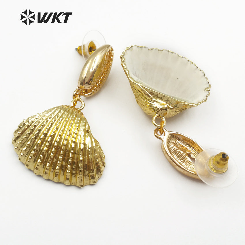 WT-E439 Wholesale New Arrived Shell Earrings for Girl With 18k Gold Plated Natural While Scallop Shell Earrings for Summer