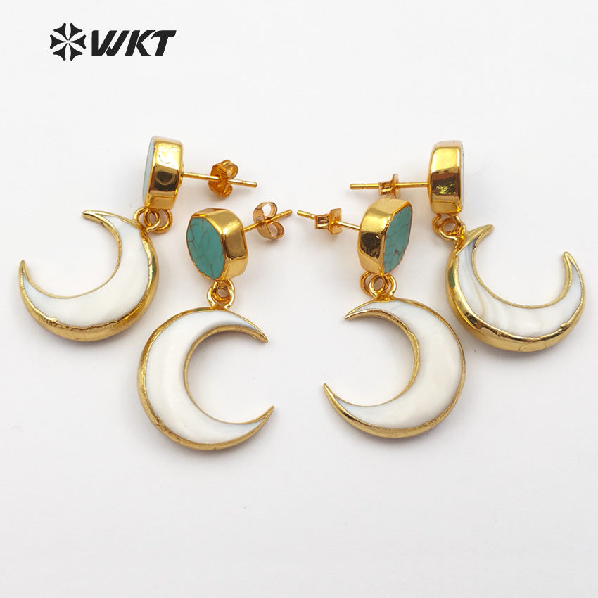 WT-E428 New Arrivals Open Moon Shape Earring Natural Green Stone on Top With White Shell or Yellow Shell Mosaic Drop Earring