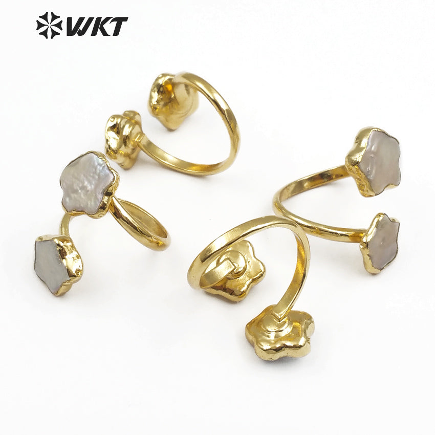 WT-R327 Stylish Small and Cute Natural Shell Rings With Pearls Dotted Flower Shape Ladies Double Layer Adjustable Pearl Rings