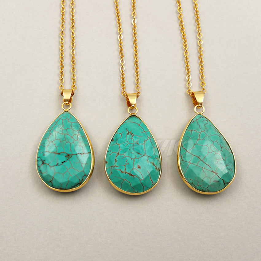WT-N1085 WKT Wholesale New Fashion Natural Green Stone 24k Real Gold Wrapped on Edge Teardrop Turquoise Pendant Necklace