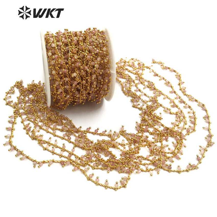 WT-RBC089 Pale Pink Color Quartz Handmade Rosary Chain for Jewelry Making Sold by Meter Healing Crystal Beaded Chain