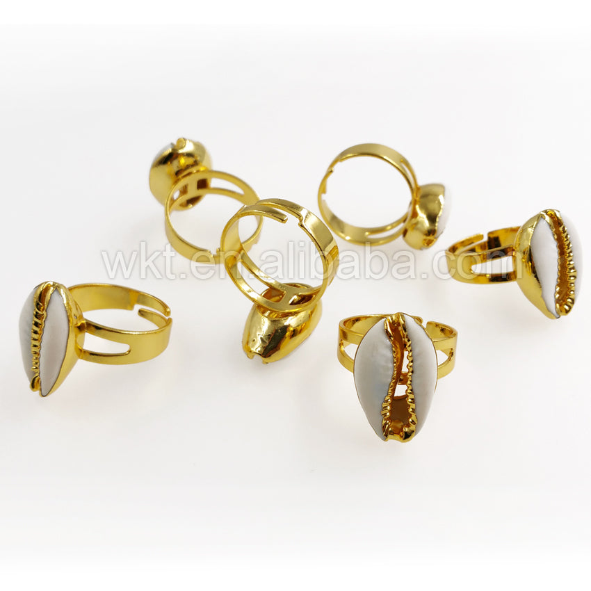 WT-R249 New!!! Handmade Cowries Shell Ring with 24k Real Gold Plated Shell Ring,Women Genuine Cowrie Shell Ring