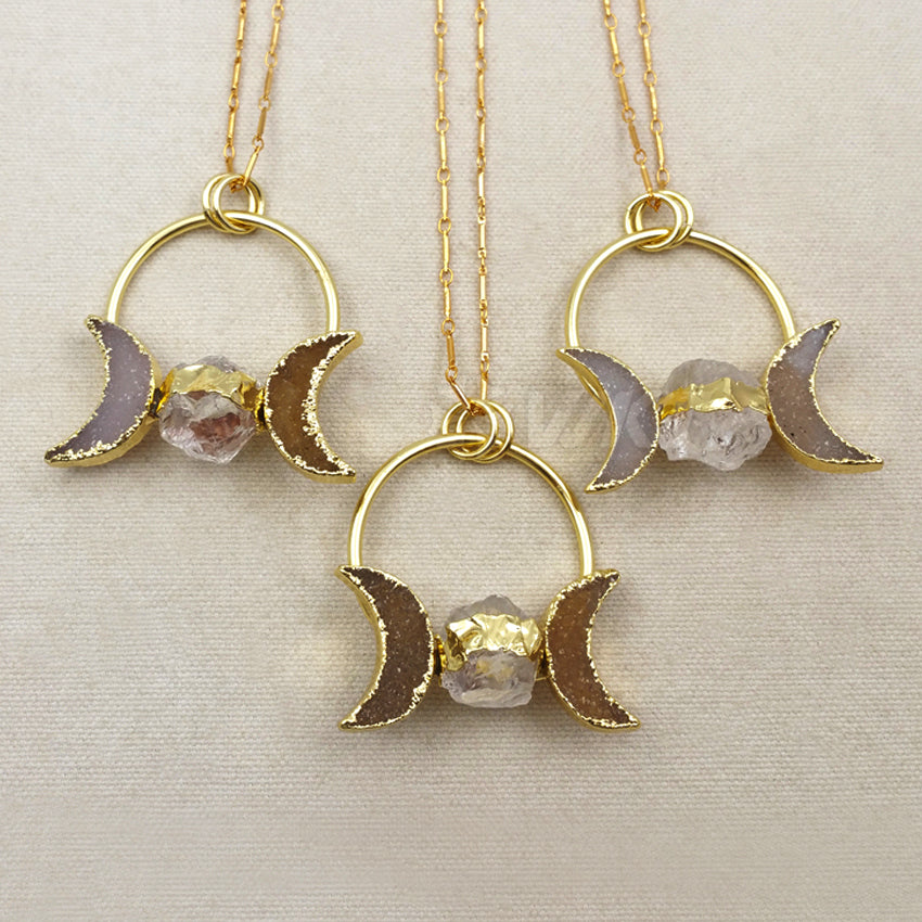 WT-N1075 WKT Wholesale Fashion Crescent Horn Drusy Ball Clear Crystal 24k Real Gold Plated Stick Chain Crystal Druzy Necklace