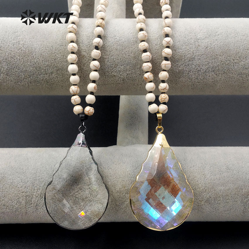 WT-N1096 WKT Wholesale New Fashion 6mm White Turquoise Beads 30 Inch Long Angel Faceted Teardrop Crystal Charm Necklace