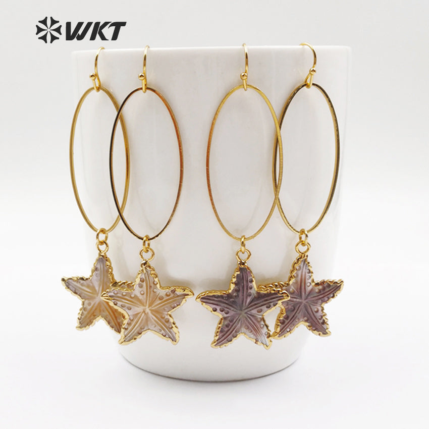 WT-E437 WKT Wholesale Natural Shell Star Earrings Dangle Ring With Sea Star Shape Pendant Elegant Earrings for Women Gift Making