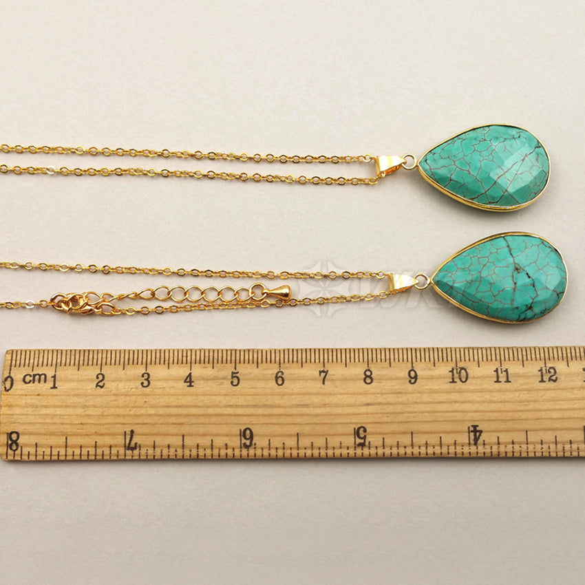 WT-N1085 WKT Wholesale New Fashion Natural Green Stone 24k Real Gold Wrapped on Edge Teardrop Turquoise Pendant Necklace