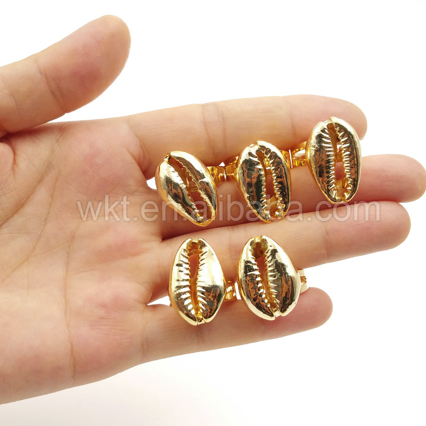 WT-R134 New! Full Gold Plated Cowrie Rings in 24k Gold, Natural Real Shell Cowrie Rings