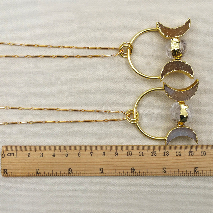 WT-N1075 WKT Wholesale Fashion Crescent Horn Drusy Ball Clear Crystal 24k Real Gold Plated Stick Chain Crystal Druzy Necklace