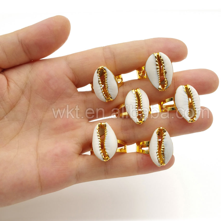 WT-R249 New!!! Handmade Cowries Shell Ring with 24k Real Gold Plated Shell Ring,Women Genuine Cowrie Shell Ring