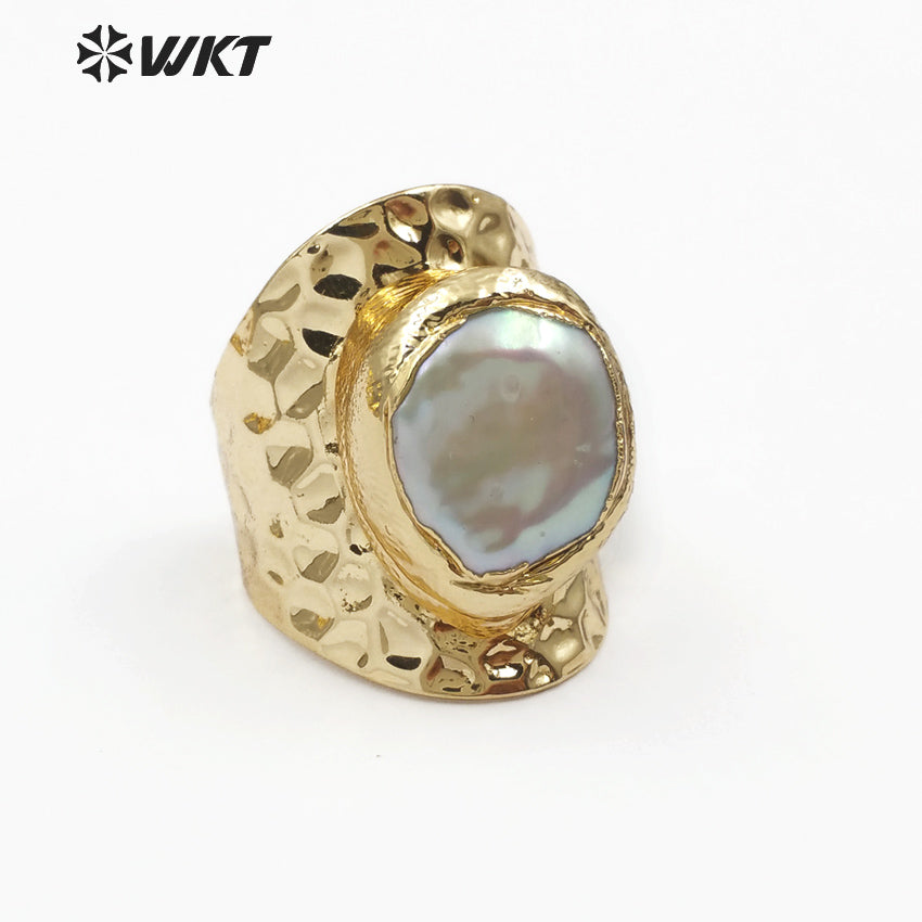 WT-R328 Classic Unique Each One Is Different Shell Jewelry in Gold Plated Adjustable Women's Fine Natural Freshwater Pearl Rings