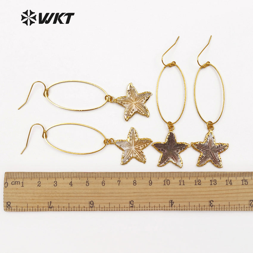 WT-E437 WKT Wholesale Natural Shell Star Earrings Dangle Ring With Sea Star Shape Pendant Elegant Earrings for Women Gift Making