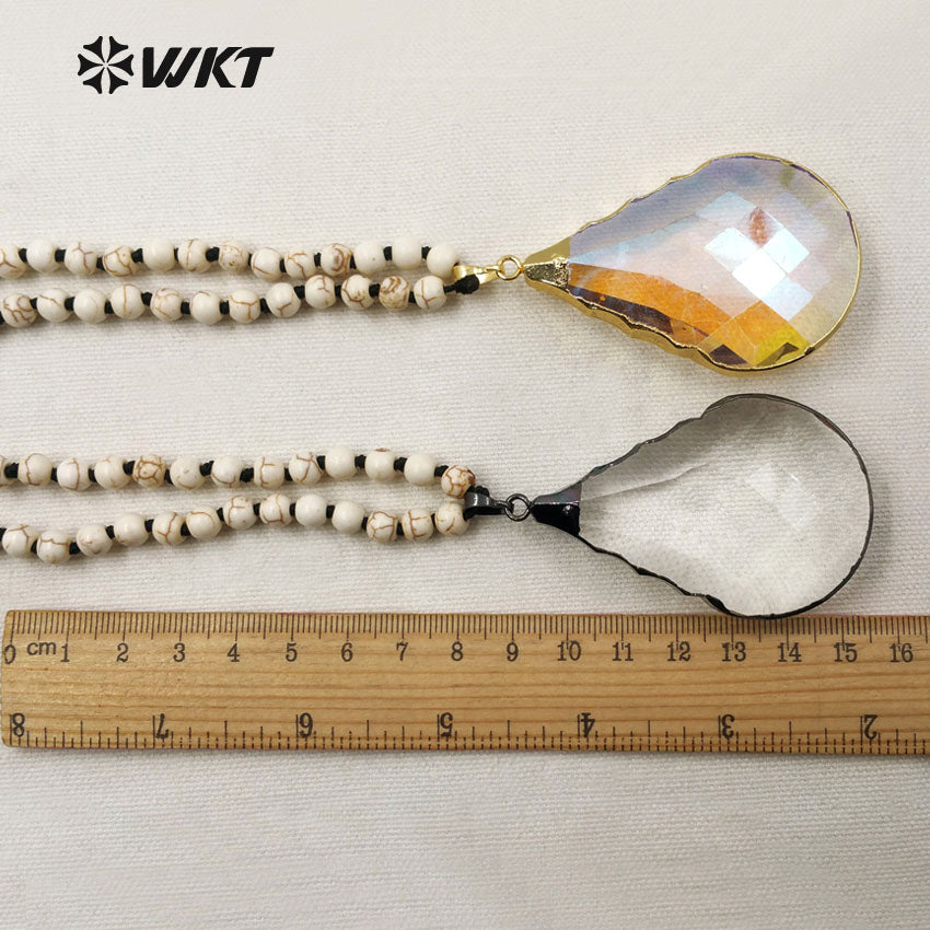 WT-N1096 WKT Wholesale New Fashion 6mm White Turquoise Beads 30 Inch Long Angel Faceted Teardrop Crystal Charm Necklace