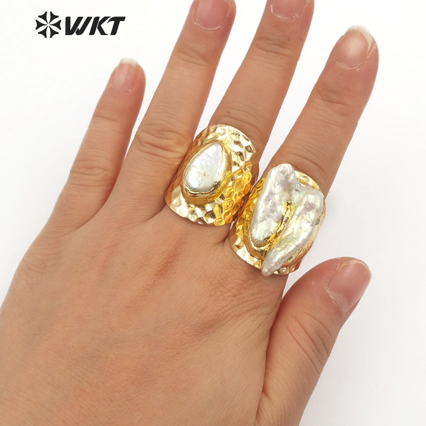 WT-R328 Classic Unique Each One Is Different Shell Jewelry in Gold Plated Adjustable Women's Fine Natural Freshwater Pearl Rings