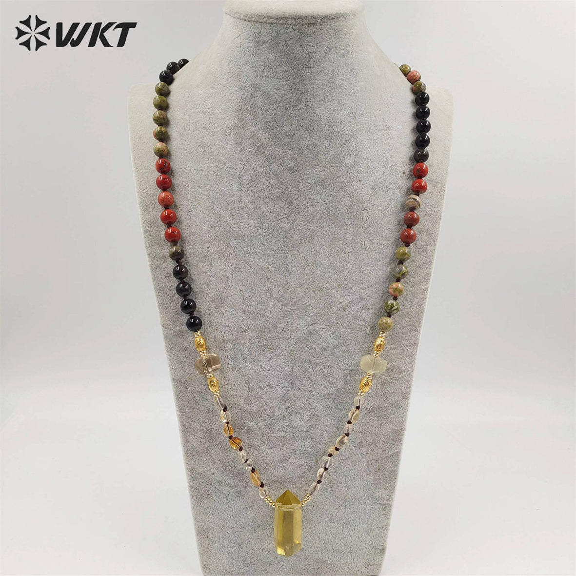 WT-N1414 WKT Lucky Handmade Energy Yellow Citrine Necklace 8mm Natural Stone Beads Necklace in 30 Inch Long Healing Necklace
