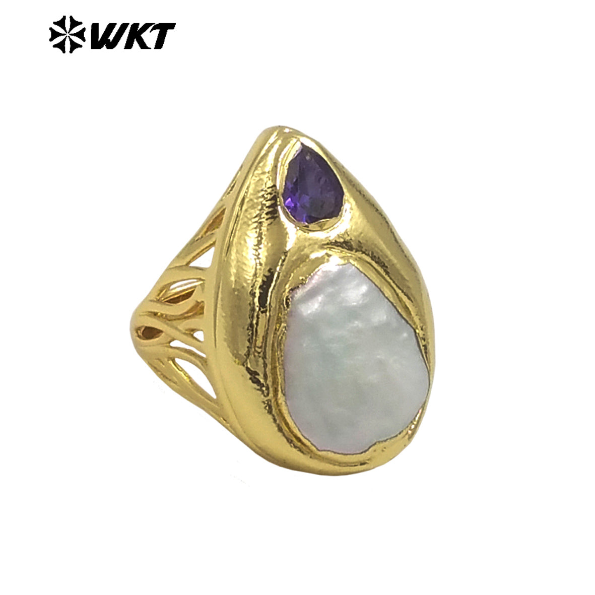 WT-MPR127 Delicate Micro Pave Zircon Ring With Natural Freshwater Pearl Gold Plated for Party Decoration Resist Tarnishable