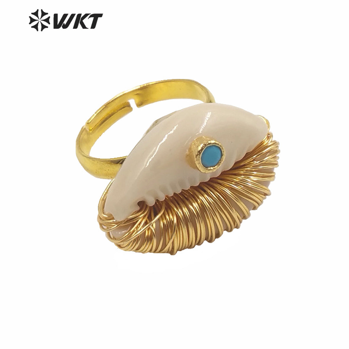 WT-MPR003 New Summer Hot Wire Brass Handmade Wrapped Natural Sea Cowrie Ring With Cz Charm Fashion Gold Summer Conch Rings