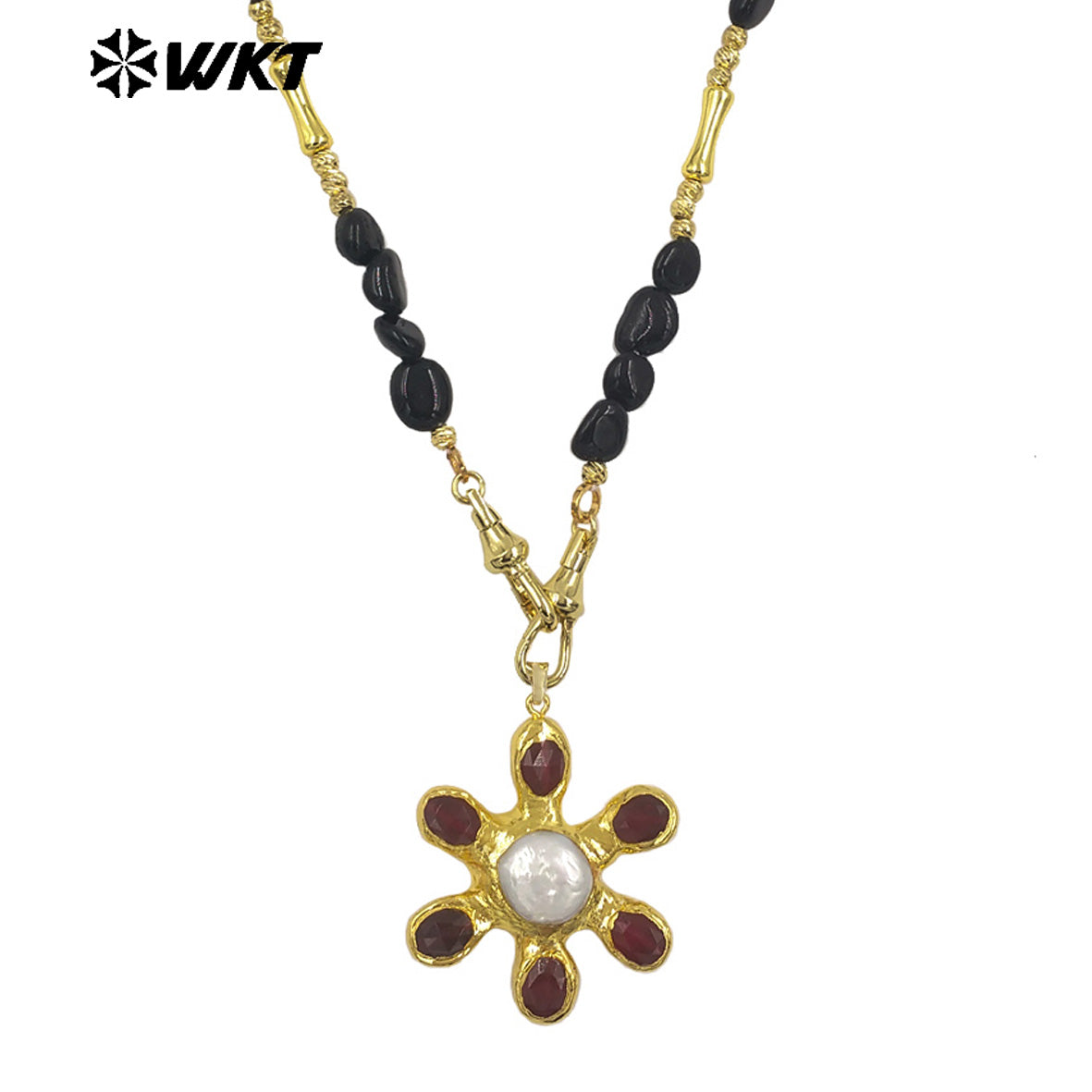 WT-JN379 Delicate Gold Plated Brass Splicing Beads Chain With Natural Stone And Pearl Flower Shape Pendants Necklaces As Gift