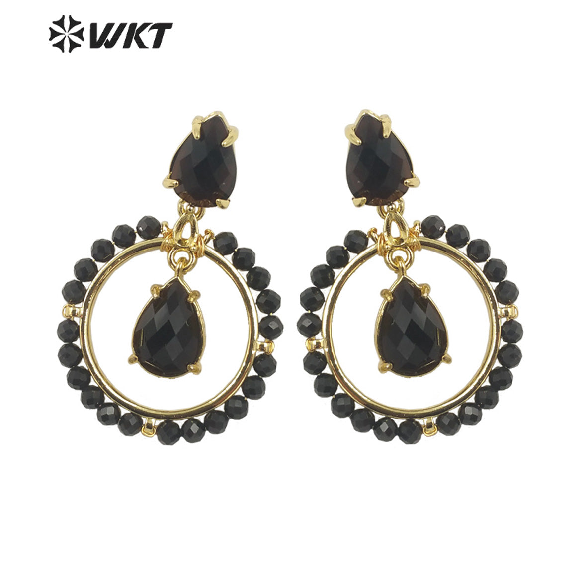 WT-E714 WKT Newest Summer Design Gorgeous Multi Natural Gemstone Big Hoop Earrings Gold Plated Lead Free Amazonite Stone Studs