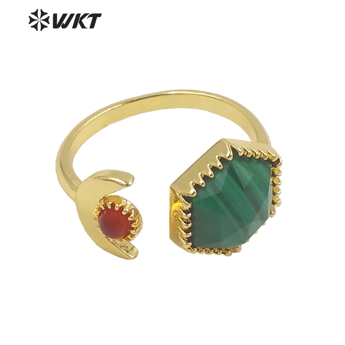 WT-R426 Delicate Fashion Gold Open Size Double Stone Ring Natural Gemstone Hexagon Double Stone Gold Bezel Ring for Girls